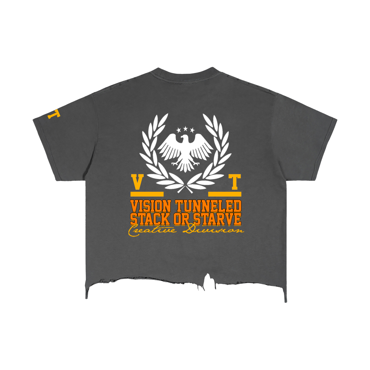 Stack Or Starve “VT” Vintage Wash Boxy Distressed Hem T-Shirt