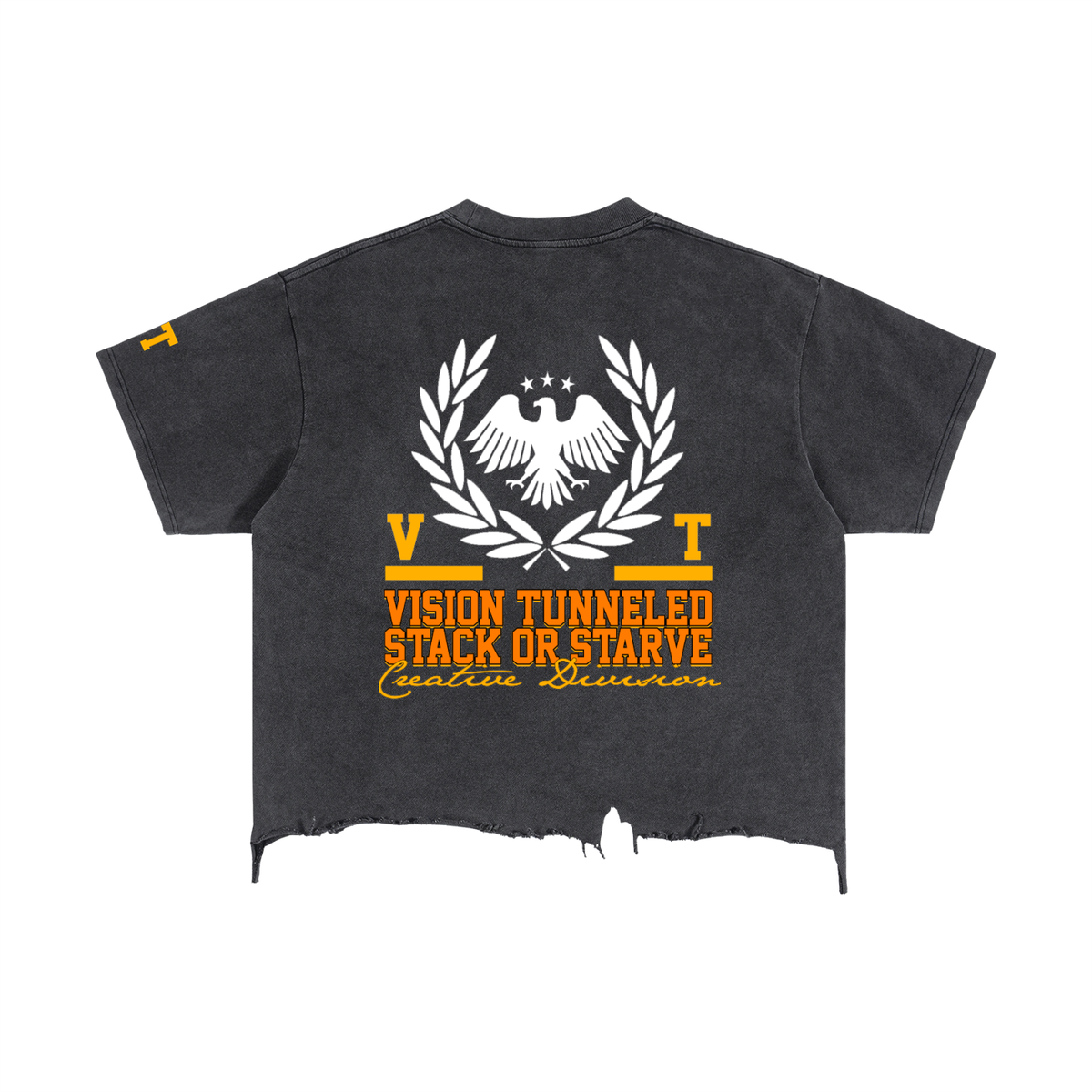 Stack Or Starve “VT” Vintage Wash Boxy Distressed Hem T-Shirt