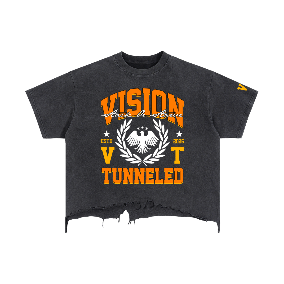 Stack Or Starve “VT” Vintage Wash Boxy Distressed Hem T-Shirt