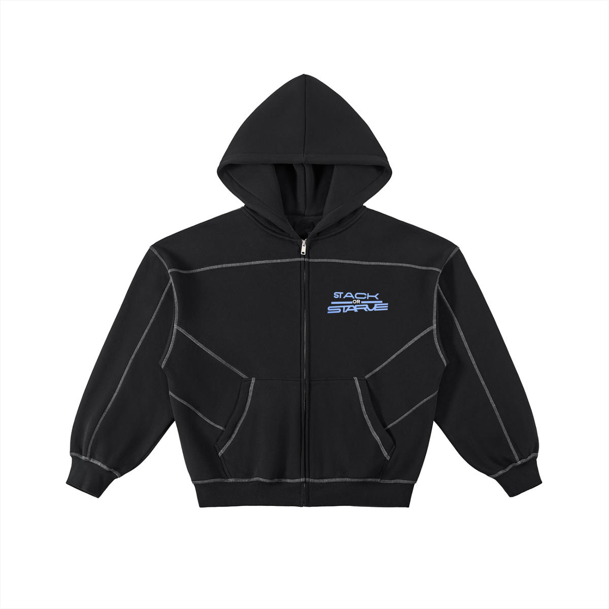 Stack Or Starve “Teck” Contrast-Stitched Boxy Fleece Zip Hoodie