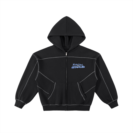 Stack Or Starve “Teck” Contrast-Stitched Boxy Fleece Zip Hoodie