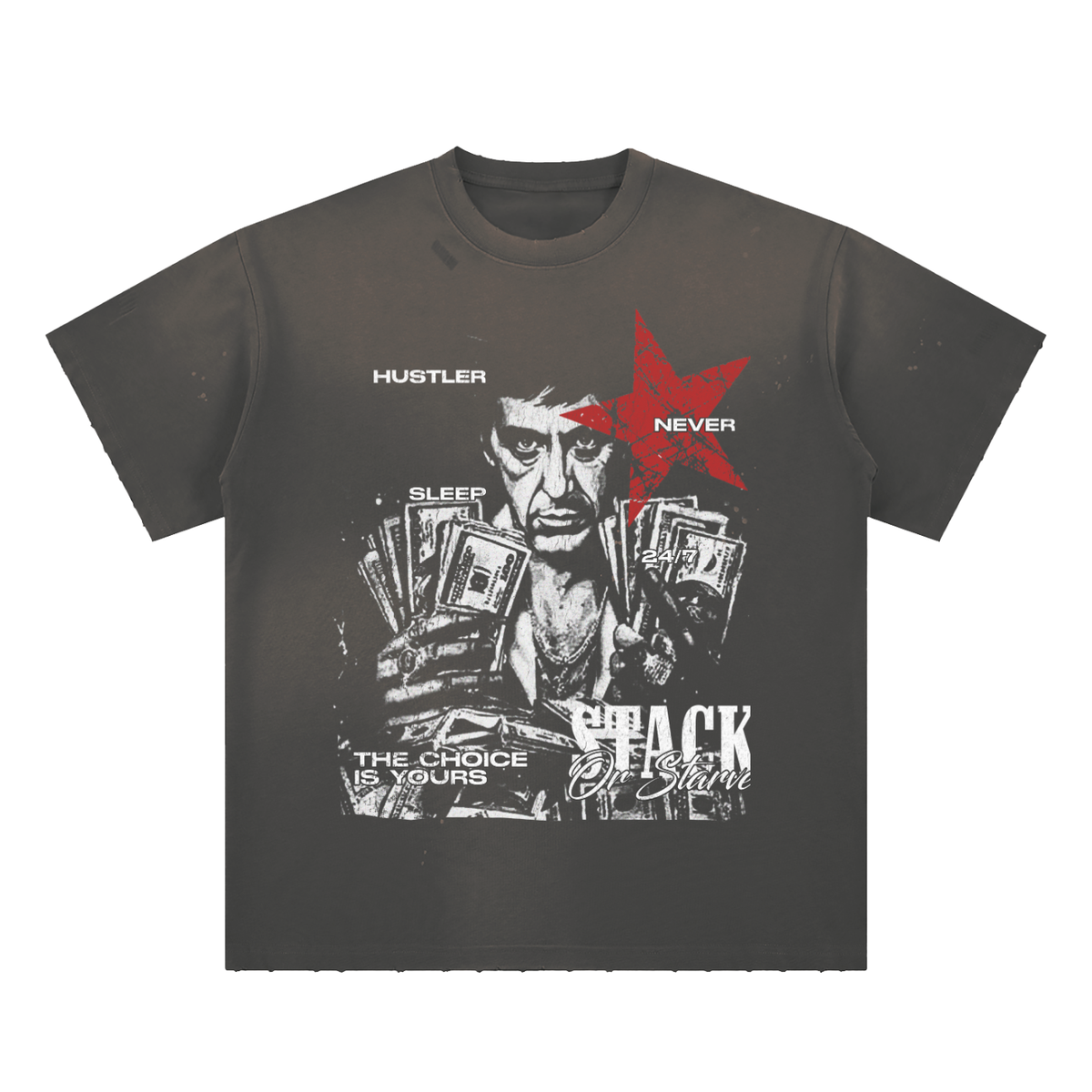 Stack Or Starve “Scarface” Hand-Frayed Sunfade Paint Splatter T-Shirt