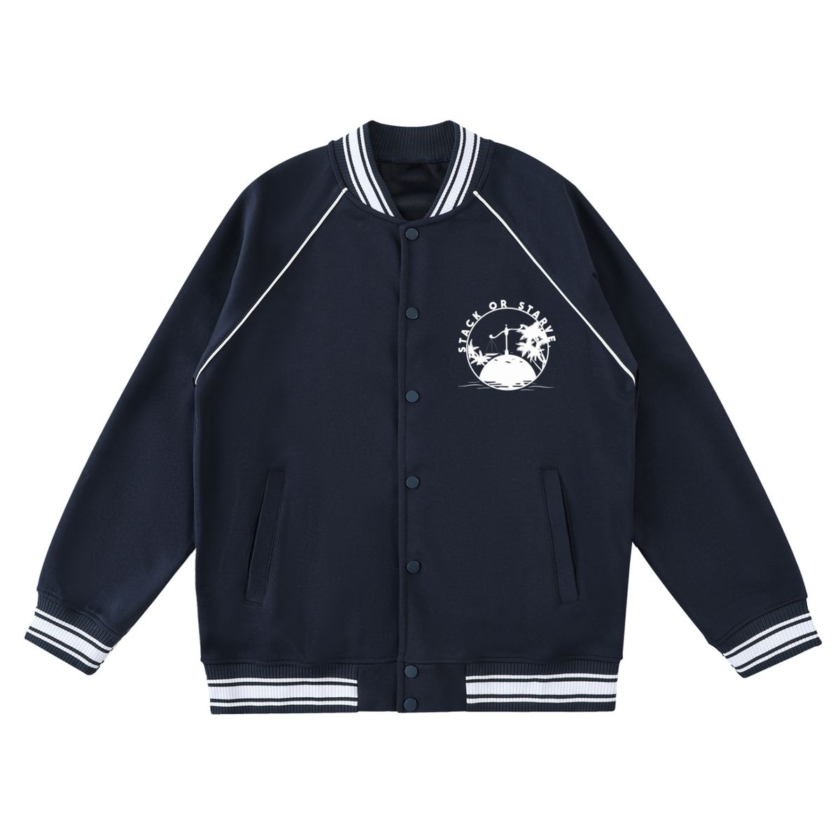 Stack Or Starve “Hail To the Hustlers” Contrast Trim Raglan Varsity Jacket