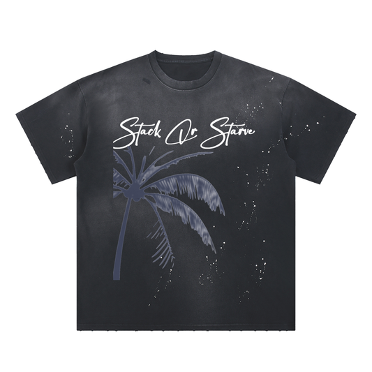 Stack Or Starve “Palm Tree” Hand-Frayed Sunfade Paint Splatter T-Shirt